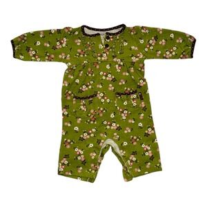 Carters Floral Romper Green Brown Trim Long Sleeve Pockets Size 3‎ Months